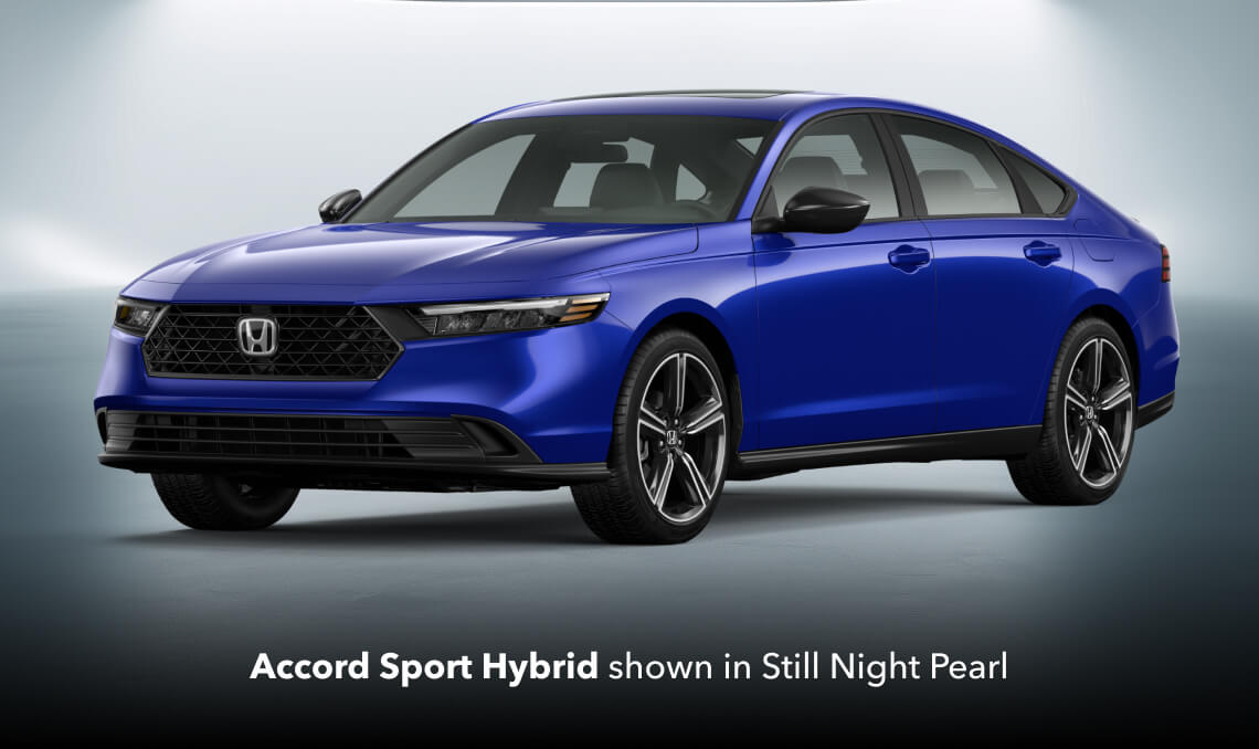 2026 Honda Accord Sport Hybrid in Still Night Pearl, front three-quarter studio view.