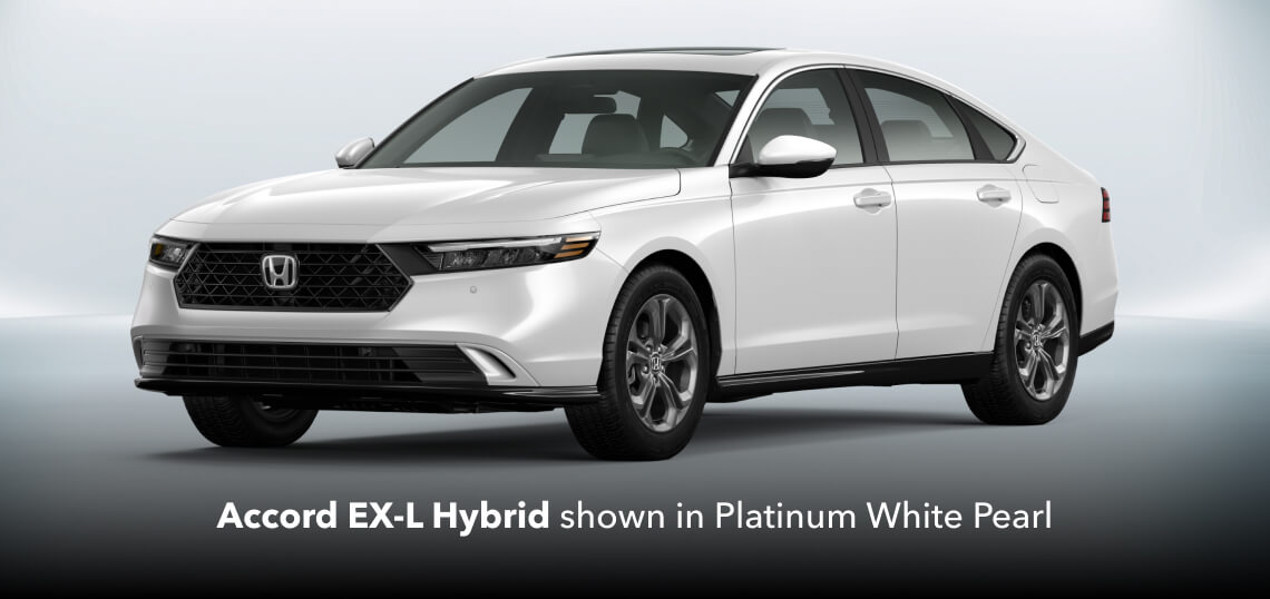 2026 Honda Accord EX-L Hybrid in Platinum White Pearl, front three-quarter studio view.
