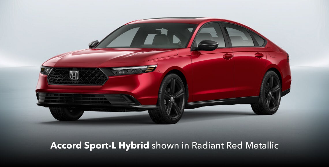 2026 Honda Accord Sport-L Hybrid in Radiant Red Metallic, front three-quarter studio view.