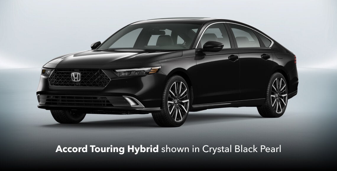 2026 Honda Accord Touring Hybrid in Crystal Black Pearl, front three-quarter studio view.