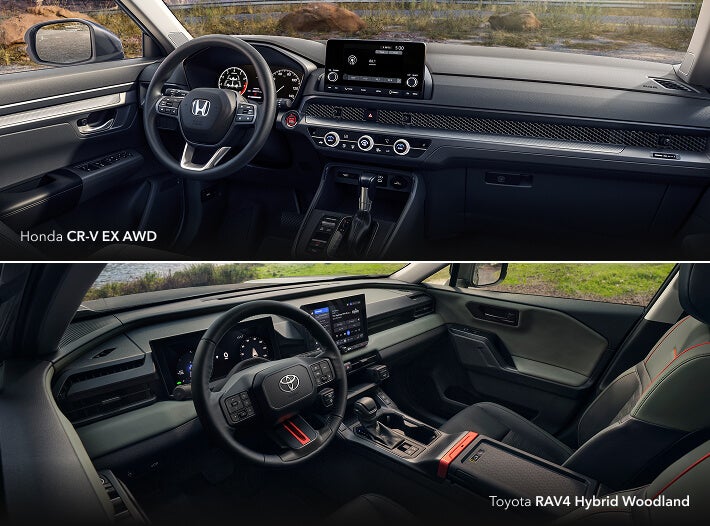 Dashboard and front cabin view of Honda CR-V EX AWD vs Toyota RAV4 Hybrid Woodland
