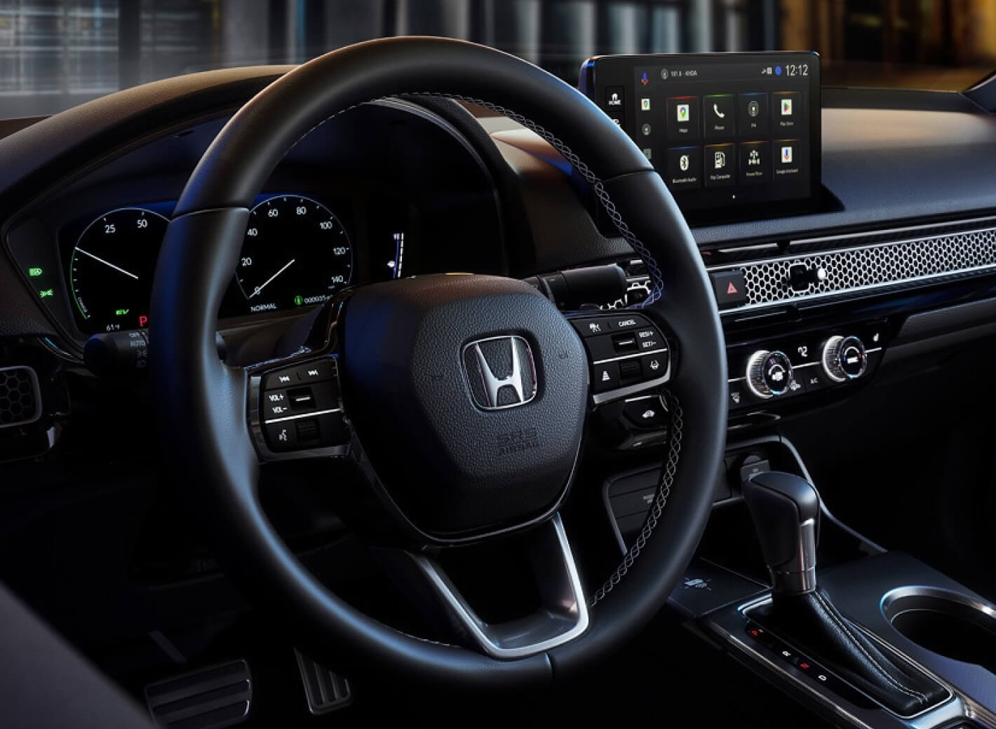 Interior close-up of the 2026 Honda Civic steering wheel and dashboard seen from outside the driver window.