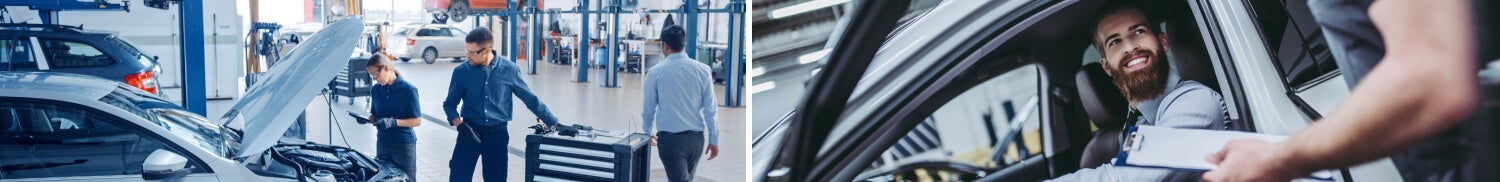 Auto repair technicians servicing vehicles and assisting customers